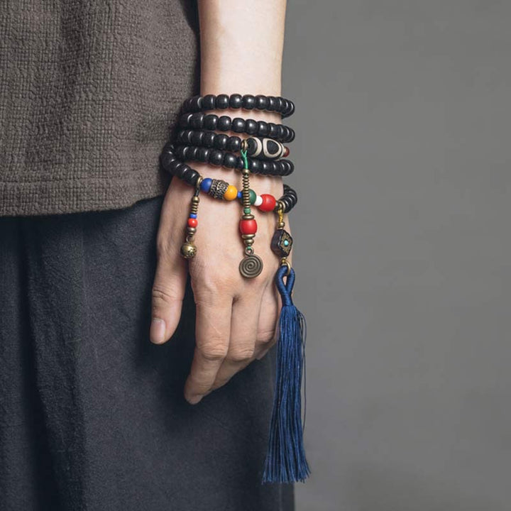 Buddha Stones 108 Perlen Mala Ebenholz Holz Dzi Perle Kupfer Balance Quaste Armband