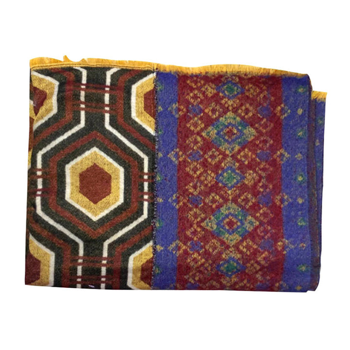 Tibetischer Schal mit Buddha Stonesn, braun, blau, rot, geometrische Formen, Muster, Winter, gemütlicher Reiseschal