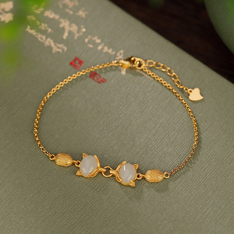 Buddha Stones 925 Sterling Silber Natürliche Hetian Weiß Jade Cyan Jade Schönes Fuchs-Glücksarmband