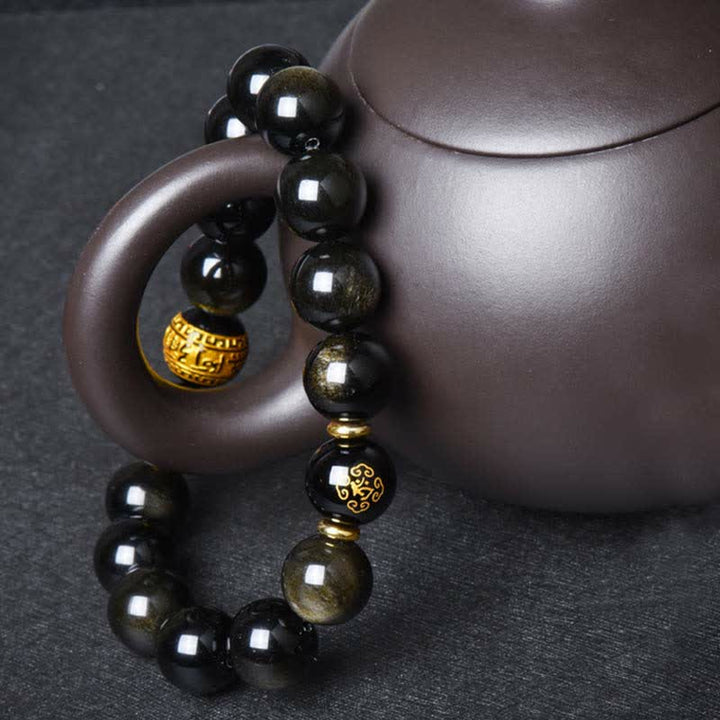 Chinesisches Tierkreis-Natal-Buddha-Goldglanz-Obsidian-Armband zum Schutz des Reichtums
