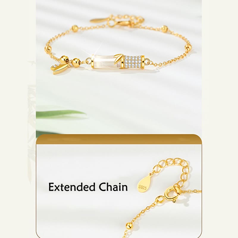 Buddha Stones Glücksarmband aus 925er-Sterlingsilber, 18 Karat vergoldet, Weiß Jade, Bambus-Zirkon, Blatt-Glücksarmband