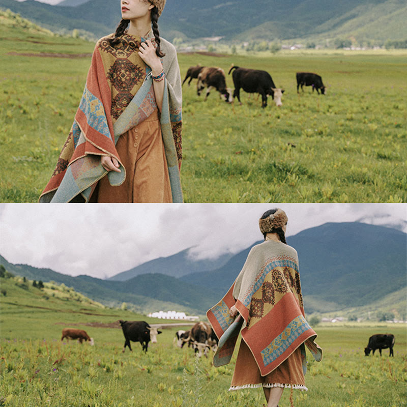 Tibetischer Schal mit Buddha Stonesn, Rautenmuster, warmer Wintermantel