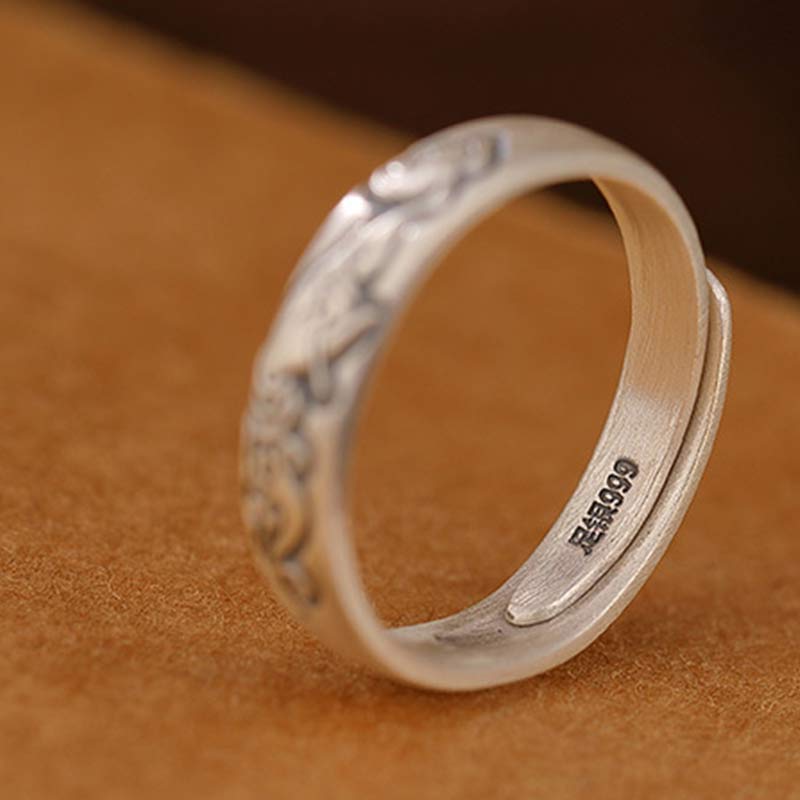 Erleuchtungsring aus 999er-Sterlingsilber mit Lotus- und Pfingstrosenblüten