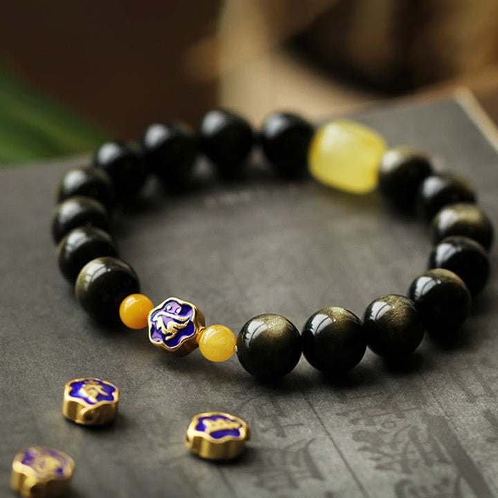 Armband mit Buddha Stonesn, 925er-Sterlingsilber, chinesisches Sternzeichen, Natal-Buddha, natürlicher Goldglanz, Obsidian-Bernstein, Reichtumsschutz-Armband