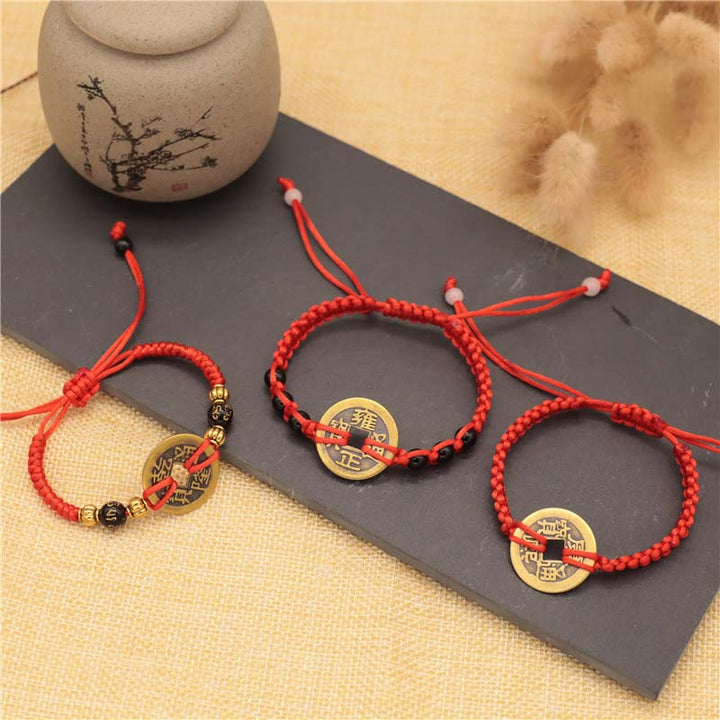 Armband mit Buddha Stonesn, Kupfermünze, Glücksbringer, rote Schnur
