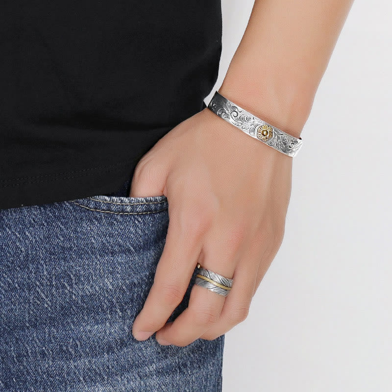 Buddha Stones, Tang-Dynastie, Blumen-Design, Rosen-Blumen-Feder, geschnitztes Kupfer-Glücksarmband