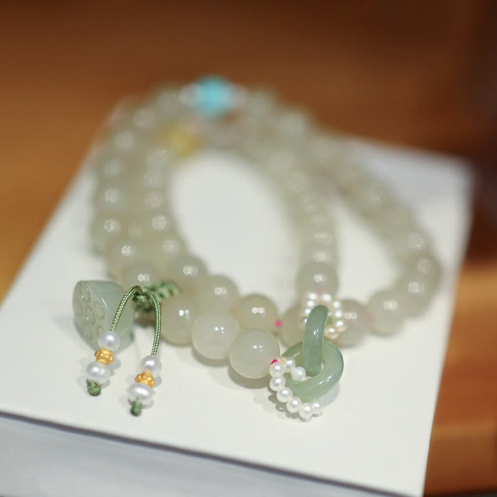 Buddha Stones 925 Sterling Silber Hetian Jade Doppelte Friedensschnalle Lotus Glück Doppeltes Wickelarmband