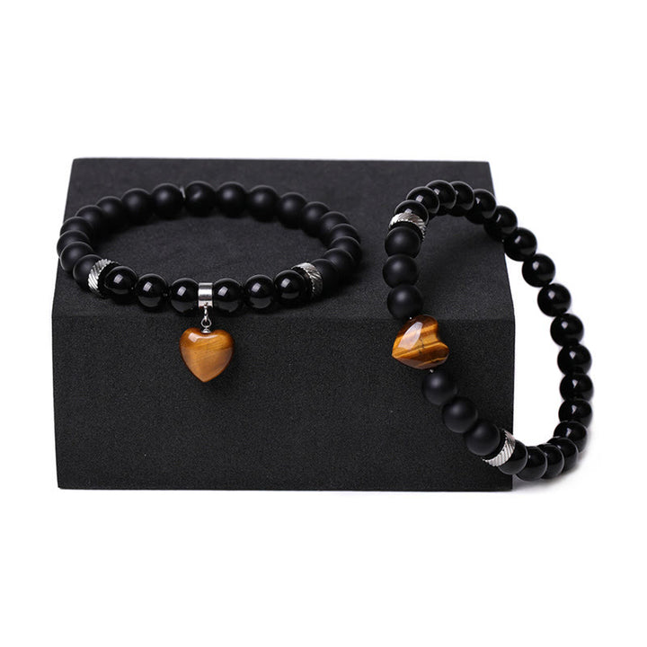 Buddha Stones 2-teiliges schwarzes Onyx-Kristall-Stein-Liebes-Herz-Schutz-Unterstützungs-Paar-Armband