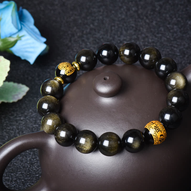 Chinesisches Tierkreis-Natal-Buddha-Goldglanz-Obsidian-Armband zum Schutz des Reichtums