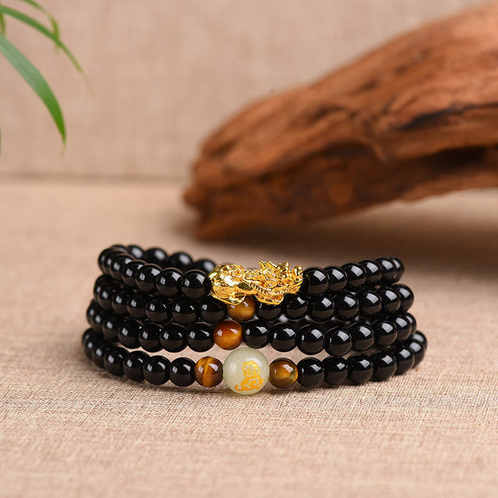 Chinesisches Sternzeichen Obsidian PiXiu Schutz Mala Armband