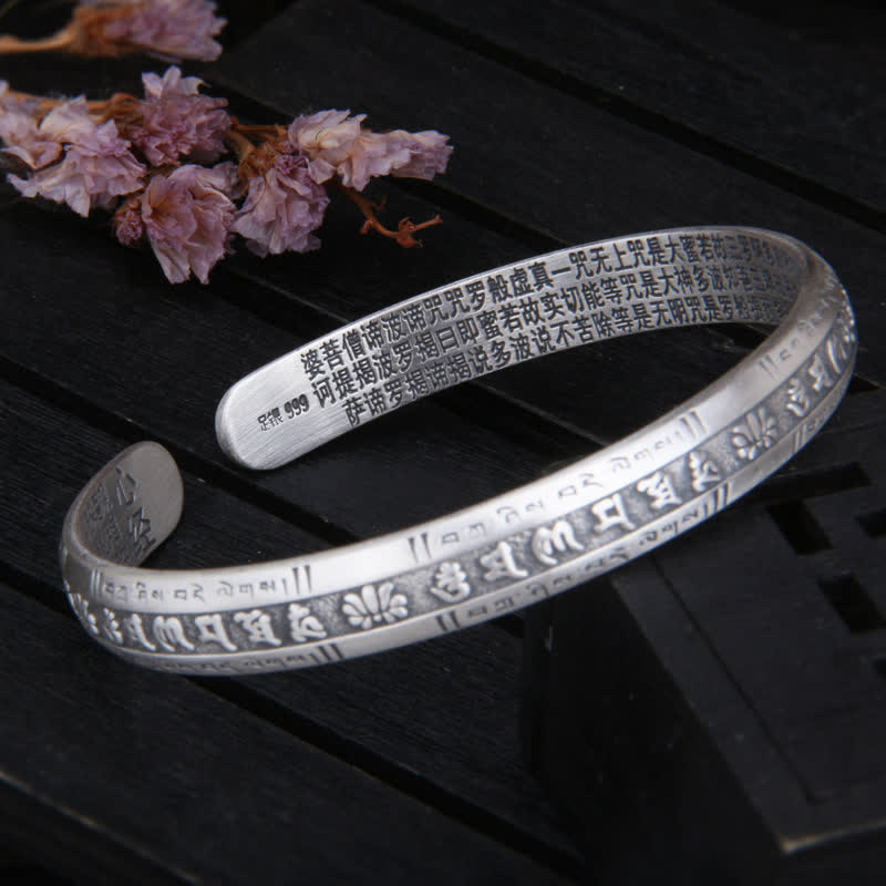 999 Sterling Silber Om Mani Padme Hum Herz Sutra Lotus Peace Armband Armreif