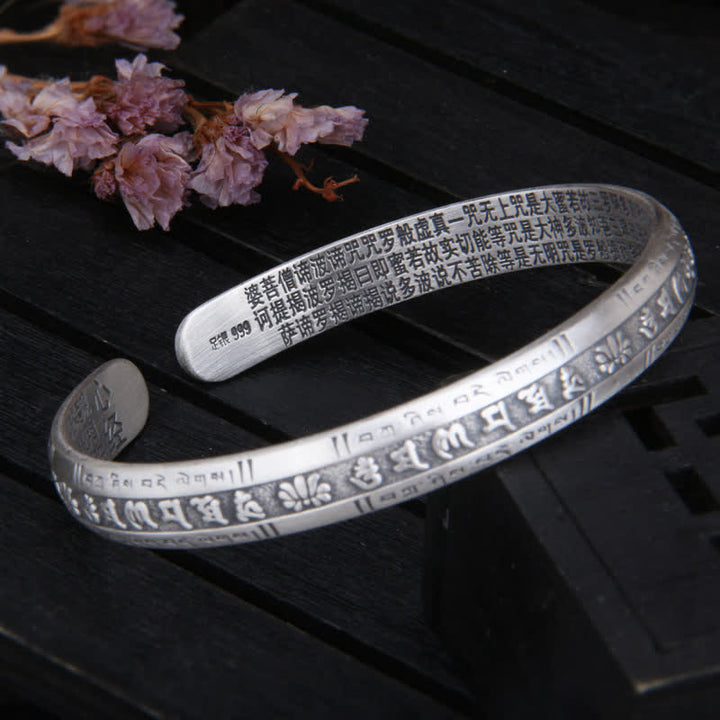 999 Sterling Silber Om Mani Padme Hum Herz Sutra Lotus Peace Armband Armreif