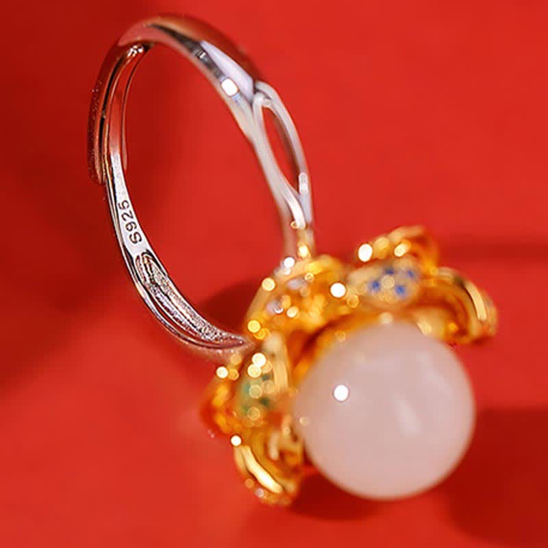 Erfolgsring aus 925er-Sterlingsilber, Weiß Jade, Cyan-Jade, Lotusblume