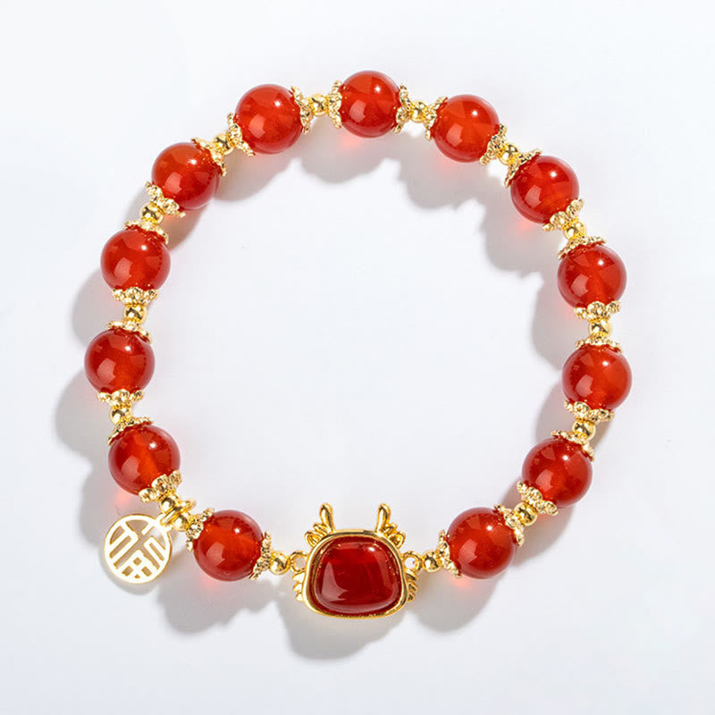 Armband mit Buddha Stonesn, Jahr des Drachen, natürlicher roter Achat, schwarzer Onyx, Glücks-Fu-Charakter