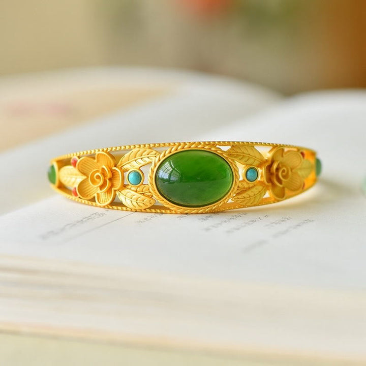 Buddha Stones Cyan Jade Weiß Jade Blume Blatt Harmonie Glück Armband Armreif