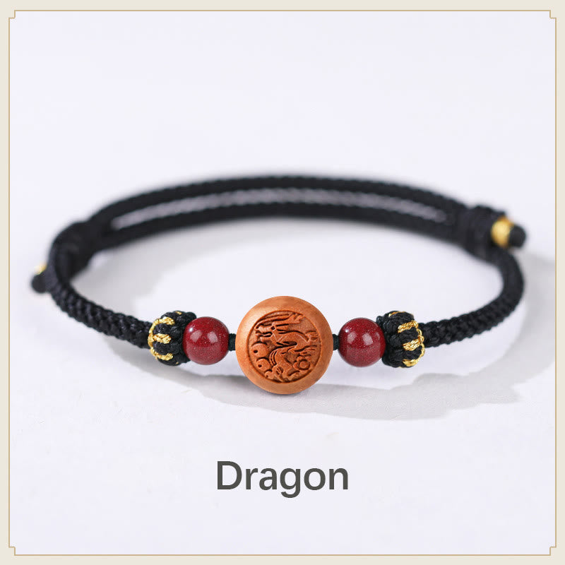 Armband mit Buddha Stonesn, natürlichem Pfirsichholz, chinesischem Sternzeichen Fu, geschnitztem Zinnober-Reichtumsarmband