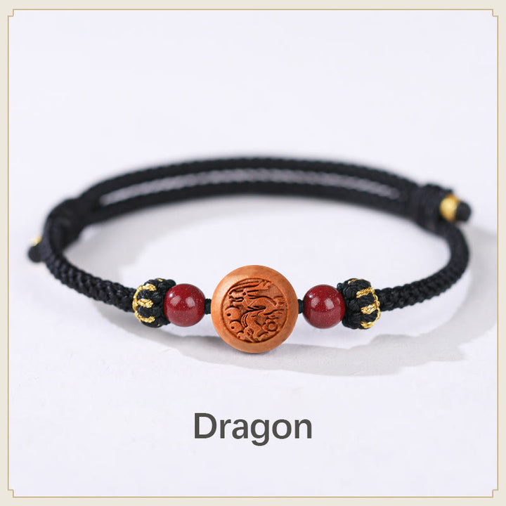 Armband mit Buddha Stonesn, natürlichem Pfirsichholz, chinesischem Sternzeichen Fu, geschnitztem Zinnober-Reichtumsarmband