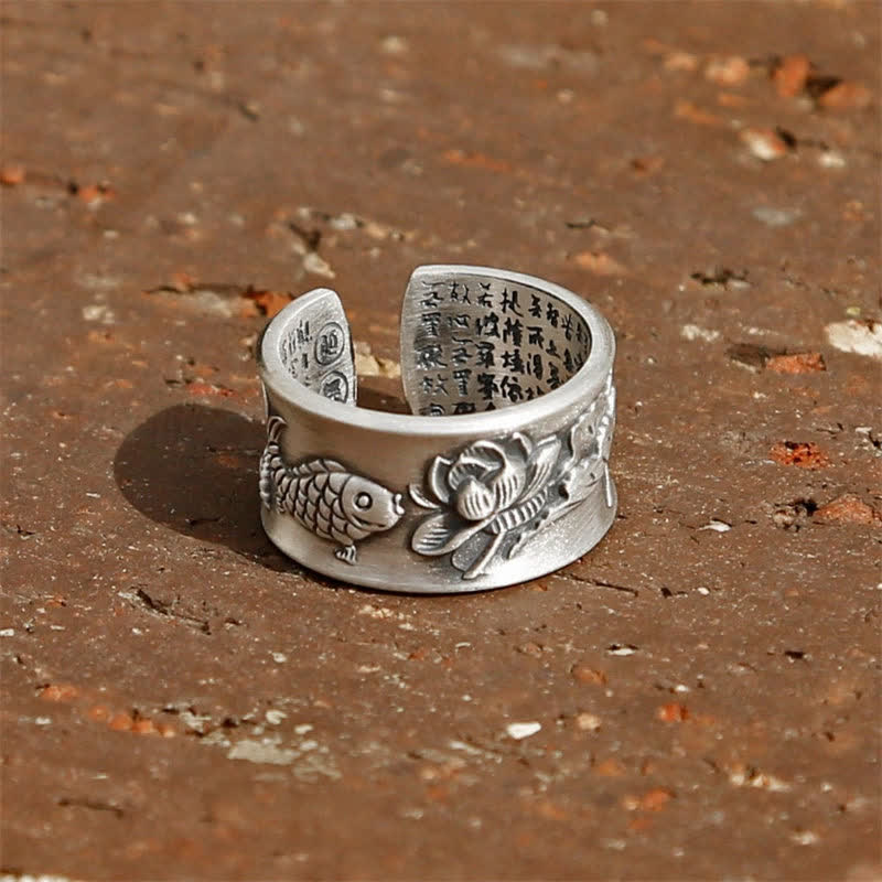 999 Sterling Silber Glück Koi Fisch Lotus Herz Sutra Reichtum Ring