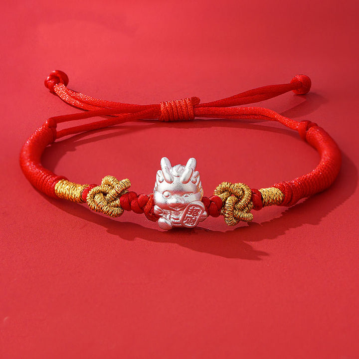 Buddha Stones aus 999er-Sterlingsilber, Jahr des Drachen-Fu-Charakters, ziehen Glück und Glück an, handgefertigtes geflochtenes Armband