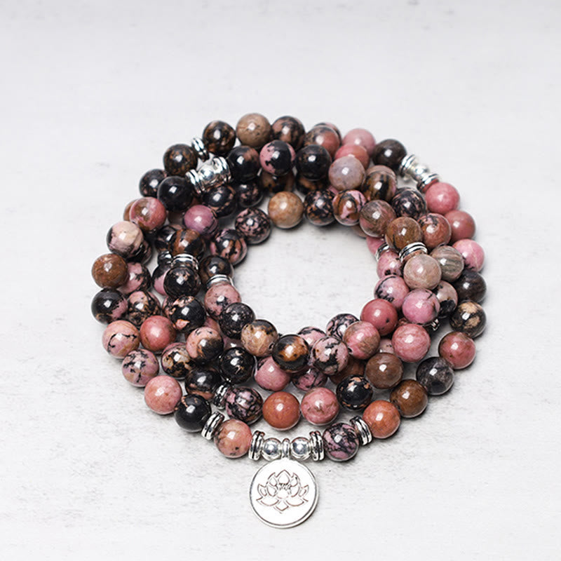 Buddha Stones 108 Mala Perlen Rhodonit Lotus Mitgefühl Energie Armband