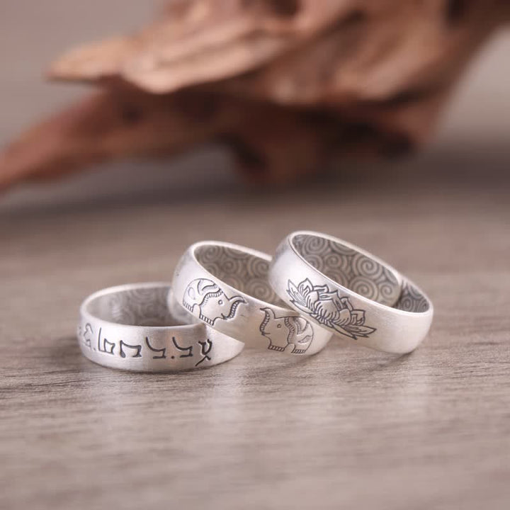 Buddha Stones 999 Sterling Silber Lotus-Elefant-Segen-Ring mit sechs wahren Worten