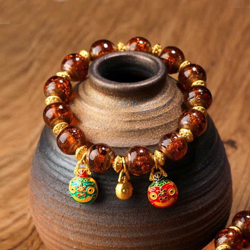 Buddha Stones Gold Schlucktier Familie Charm Liuli Glasperlen Glücksarmband
