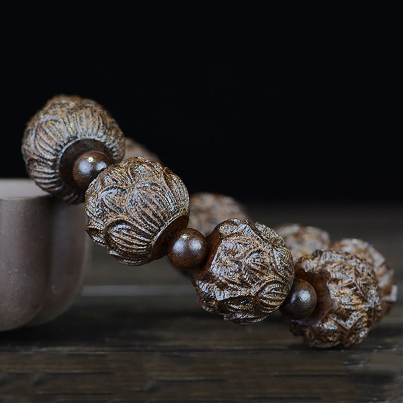 Buddha Stones, Ebenholz, achtzehn Arhats, Lotus-Drachen, graviertes Balance-Armband