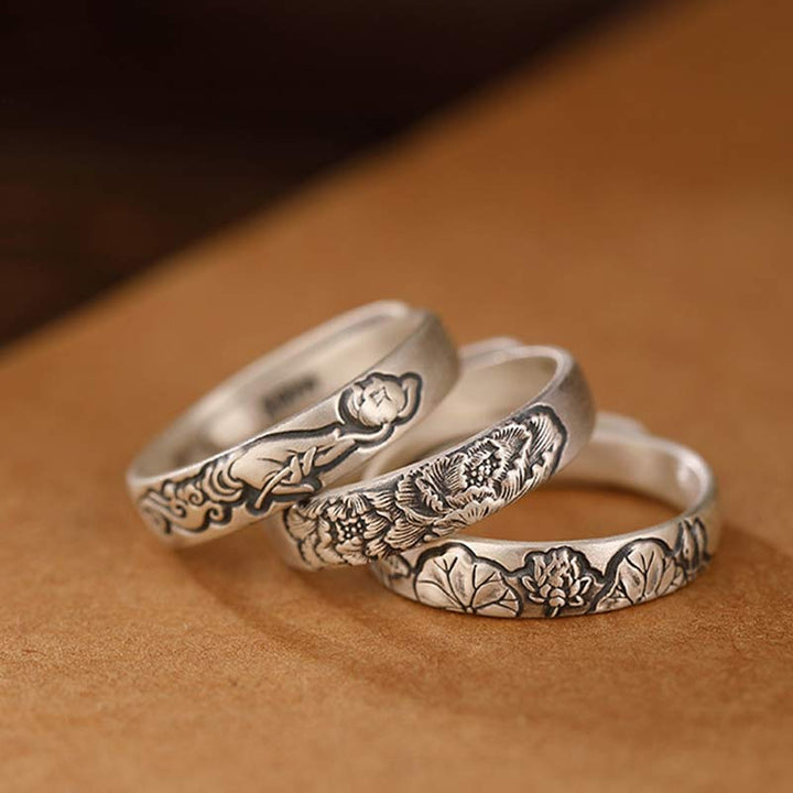 Erleuchtungsring aus 999er-Sterlingsilber mit Lotus- und Pfingstrosenblüten