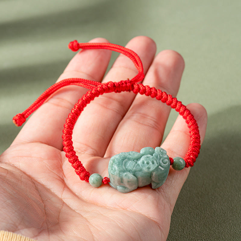 Buddha Stones Handgefertigtes natürliches Jade-PiXiu-Schutz-King-Kong-Knoten-Armband mit geflochtener Schnur