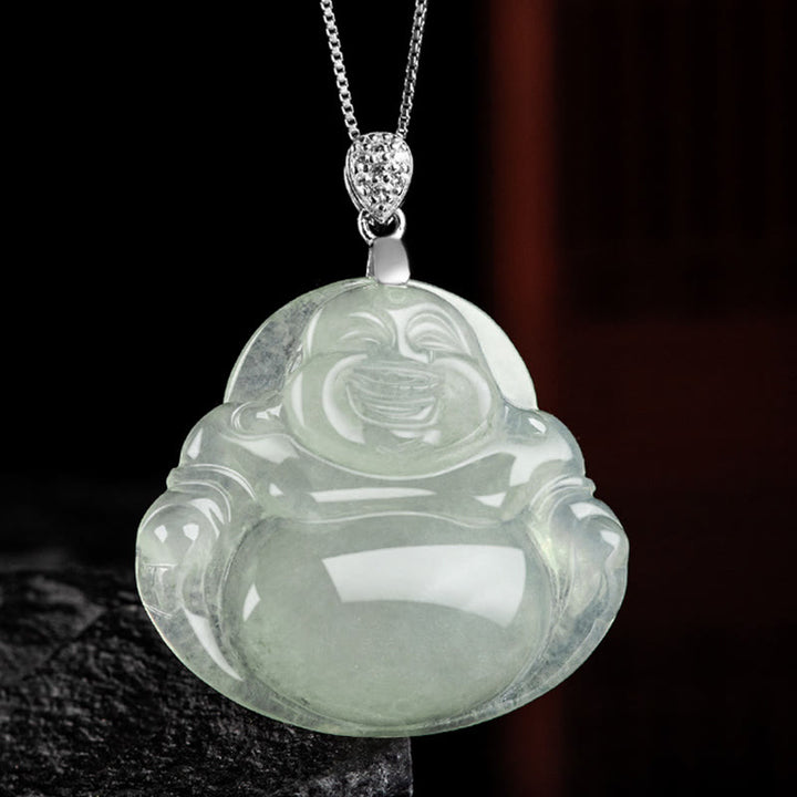 Buddha Stones 925 Sterling Silber natürliche Jade lachender Buddha Wohlstand Fülle Kette Halskette Anhänger