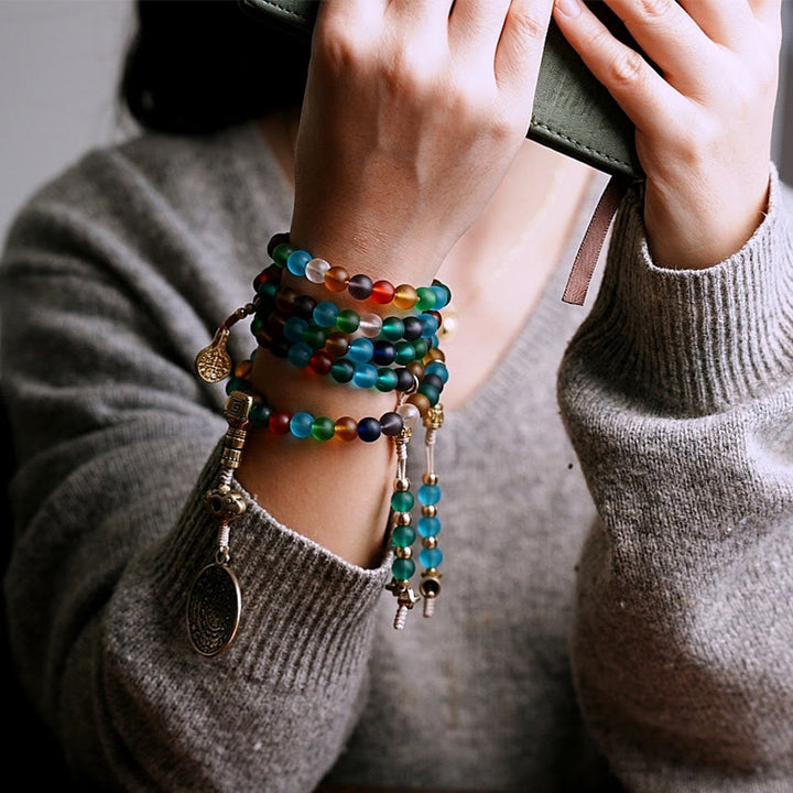 Buddha Stones, tibetische 108 Mala-Perlen, mehrfarbige Liuli-Glasperlen, chinesisches Sternzeichen, neun Paläste, acht Diagramme, Charm-Armband