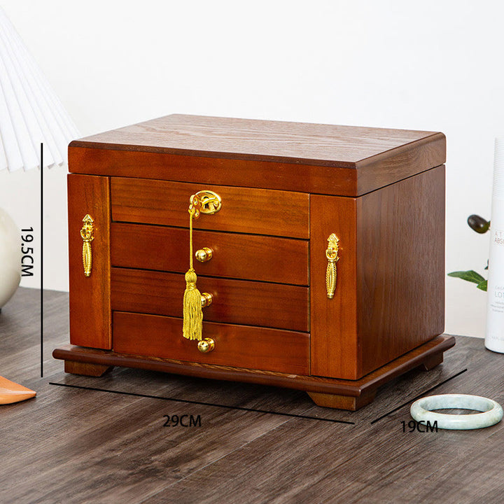 Buddha Stones Vintage Schmuckschatulle aus Holz mit großem Fassungsvermögen, Schmuckaufbewahrungsbox mit Spiegel