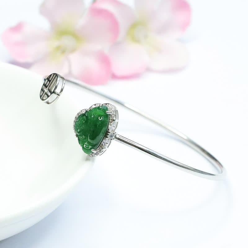 Buddha Stones 925 Sterling Silber Lachender Buddha Jade Glücksarmband Armreif