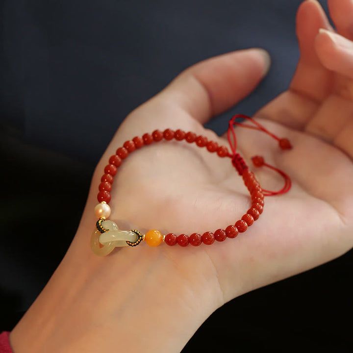 Buddha Stones Natürliches rotes Achat-Hetian-Jade-Armband mit doppelter Friedensschnalle