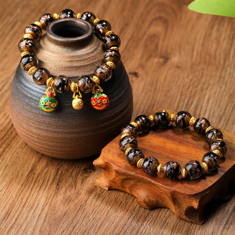Buddha Stones Gold Schlucktier Familie Charm Liuli Glasperlen Glücksarmband