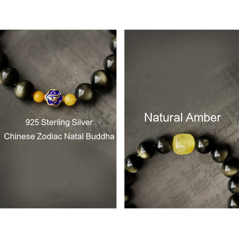 Armband mit Buddha Stonesn, 925er-Sterlingsilber, chinesisches Sternzeichen, Natal-Buddha, natürlicher Goldglanz, Obsidian-Bernstein, Reichtumsschutz-Armband