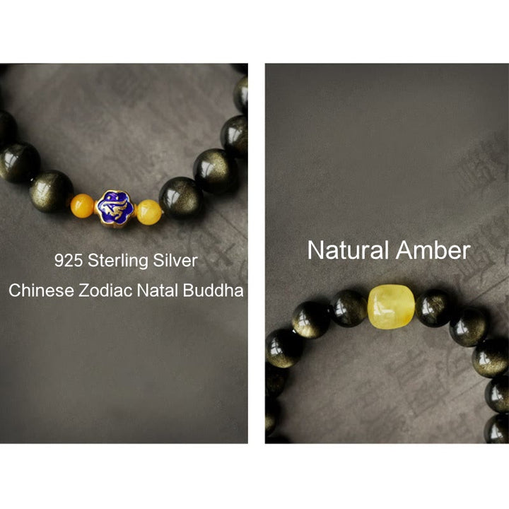 Armband mit Buddha Stonesn, 925er-Sterlingsilber, chinesisches Sternzeichen, Natal-Buddha, natürlicher Goldglanz, Obsidian-Bernstein, Reichtumsschutz-Armband
