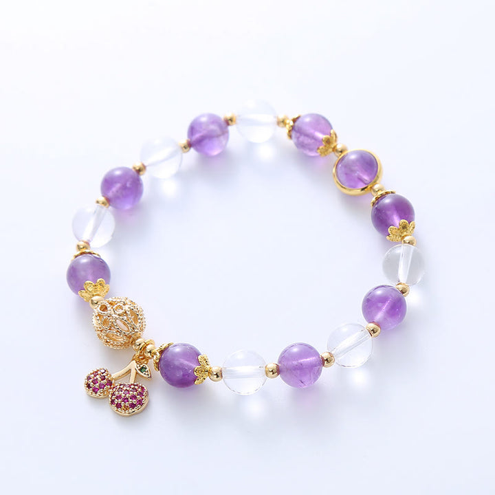 Buddha Stones natürliches Amethyst- Weiß Kristall-Charm-Armband mit positiver Kirsche