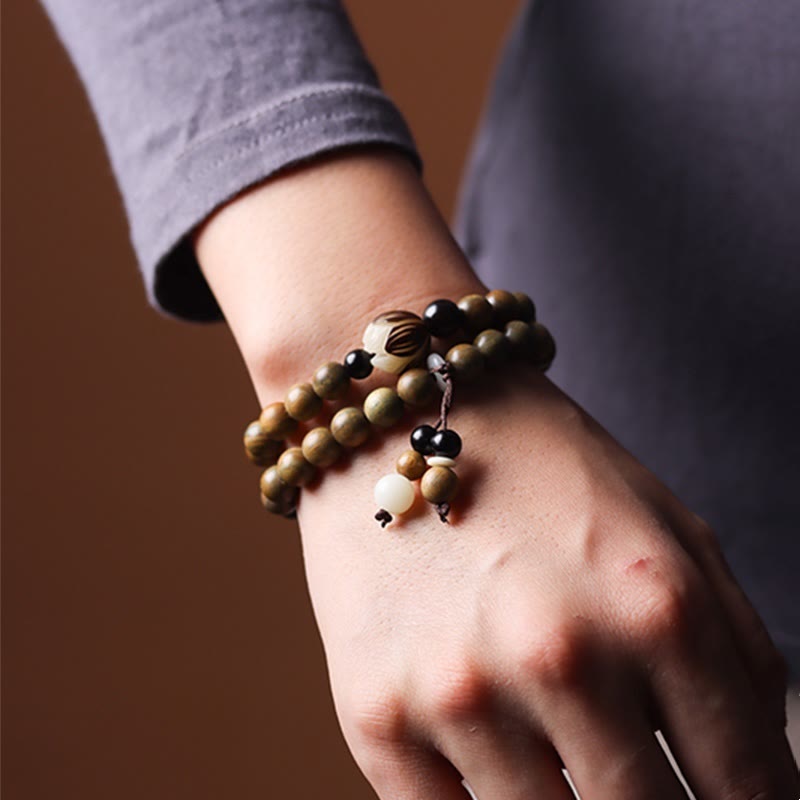 Buddha Stones, grünes Sandelholz, Bodhi-Samen, Lotus, beruhigendes Doppel-Wickelarmband