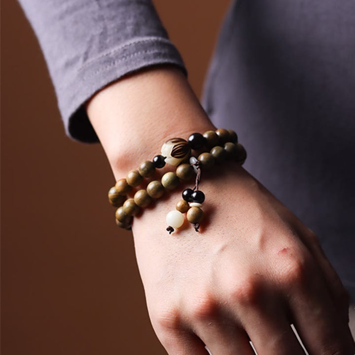 Buddha Stones, grünes Sandelholz, Bodhi-Samen, Lotus, beruhigendes Doppel-Wickelarmband