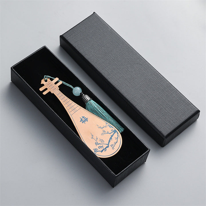 Buddha Stones, klassische Musikinstrumente, Pipa Guzheng Guqin Ruan, Metall-Lesezeichen, Quaste mit Geschenkbox