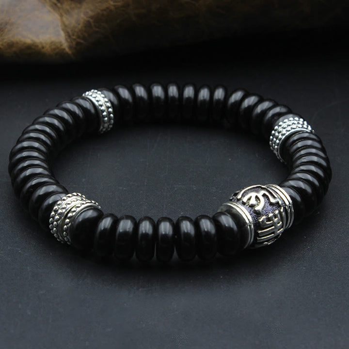 Buddha Stones Natürliches tibetisches Om Mani Padme Hum Positive Armband aus Kokosnussschale