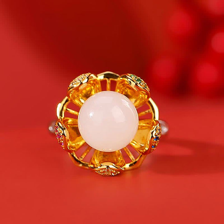 Erfolgsring aus 925er-Sterlingsilber, Weiß Jade, Cyan-Jade, Lotusblume