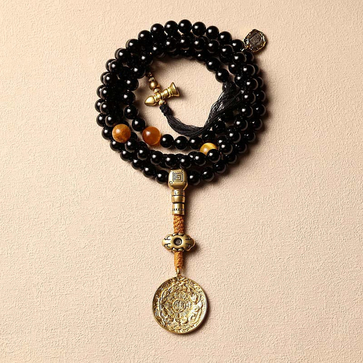 Buddha Stones, tibetische 108 Mala-Perlen, schwarzer Onyx, Tigerauge-Perlen, neun Paläste, Bagua-Schutzarmband