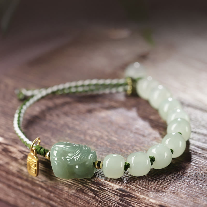 Natürliches PiXiu Luck Fu Charakter-Schnurarmband aus Hetian-Jade
