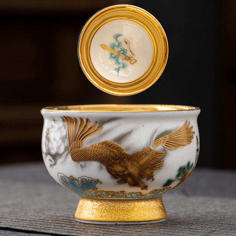 Buddha Stones, goldener Adler, verheißungsvoller Drache, Sonne, Ozean, Wellen, vergoldete Keramik-Teetasse, Kung-Fu-Teetasse