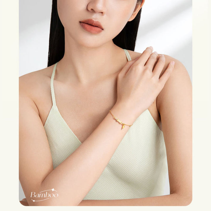 Buddha Stones Glücksarmband aus 925er-Sterlingsilber, 18 Karat vergoldet, Weiß Jade, Bambus-Zirkon, Blatt-Glücksarmband