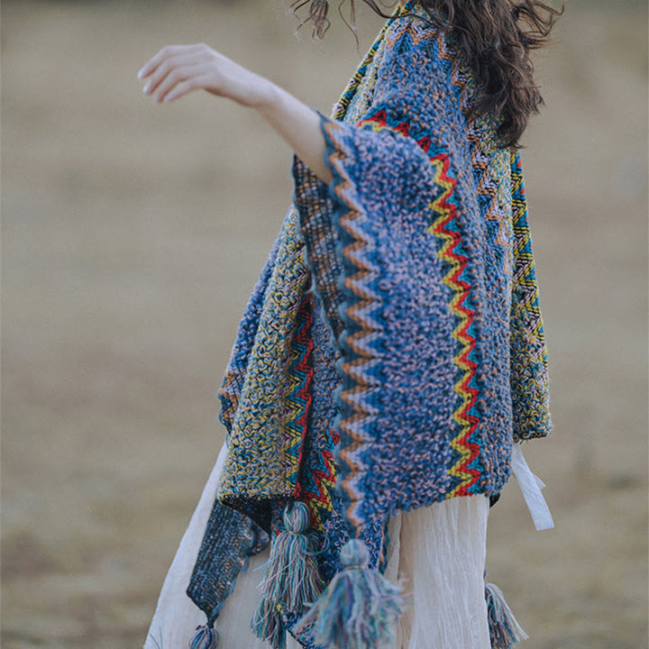 Tibetischer Schal mit Buddha Stonesn, weich, warm, Strickmantel, Winter, tibetischer Quastenschal