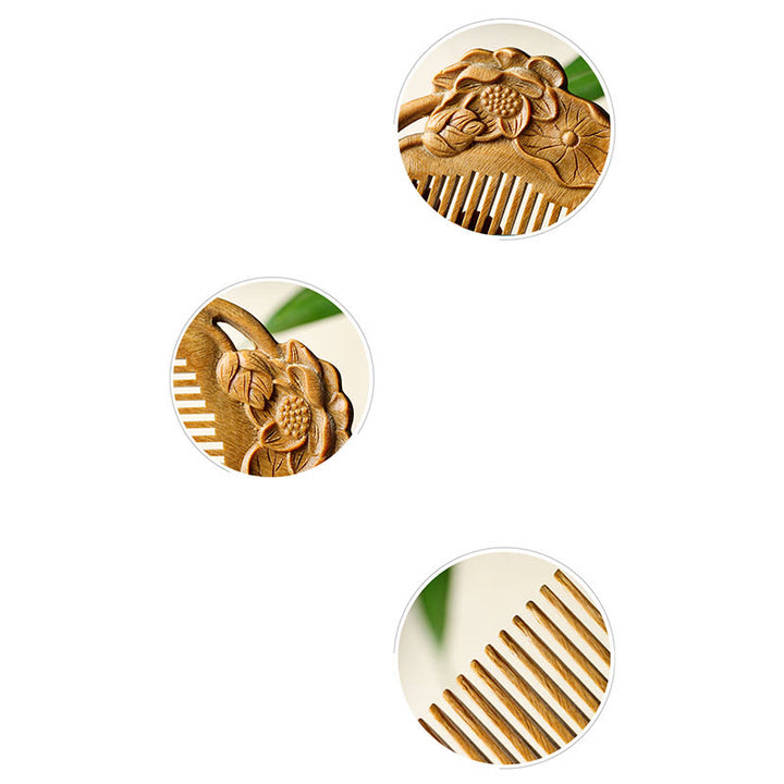 Beruhigender Kamm aus natürlichem grünem Sandelholz mit Lotusblütenblatt-Gravur