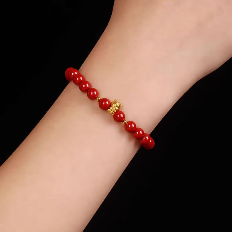 Buddha Stones 999 Gold Jahr des Drachen natürliches Zinnober-Jade-Kupfer-Münze-Fu-Charakter-Segen-Armband